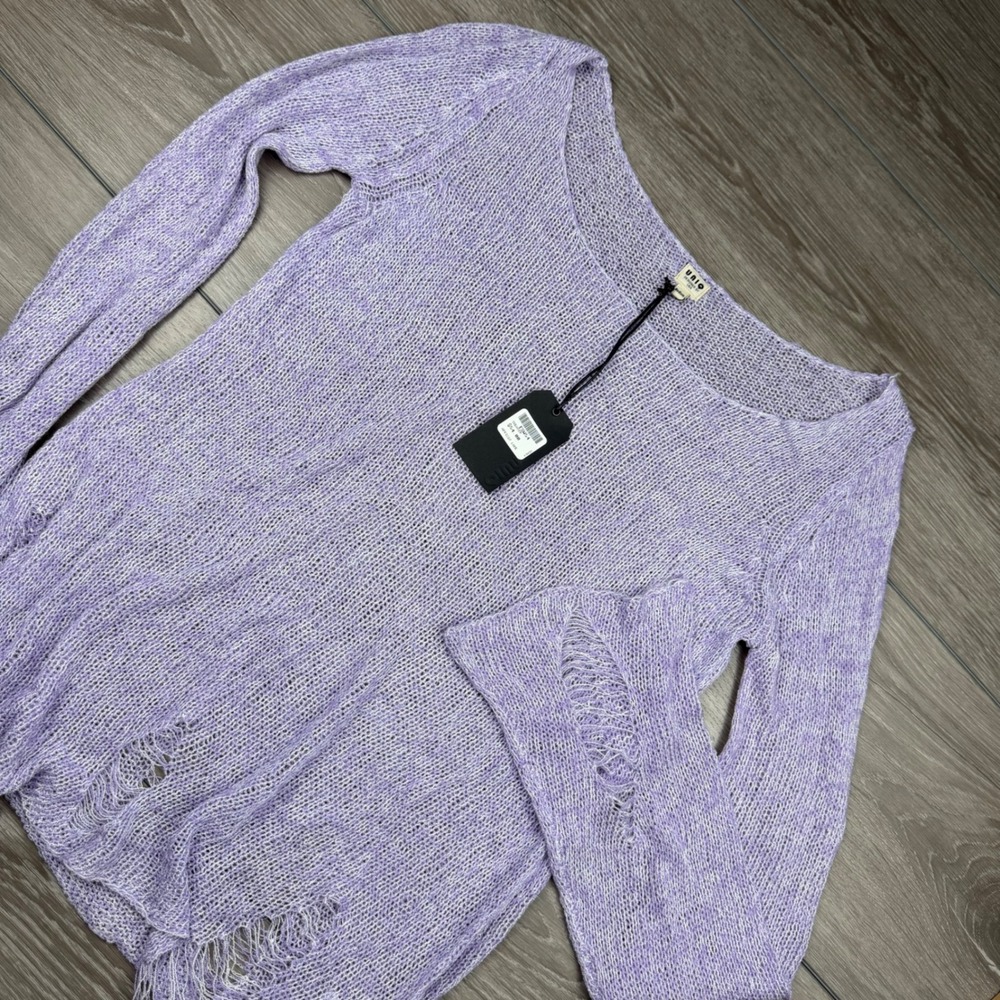 Uniq Womens Sweater Distressed Open Knit Bell Sleeve Purple Medium New